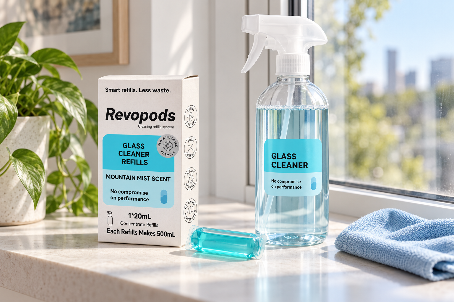 Glass cleaner concentrate refill pods with reusable spray bottle