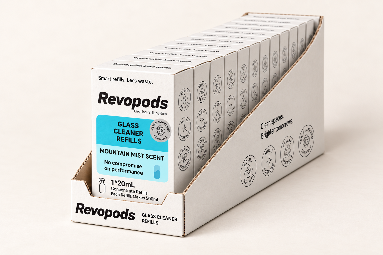 Glass and Mirror Cleaner Refill Pods in Shelf-Ready Trays